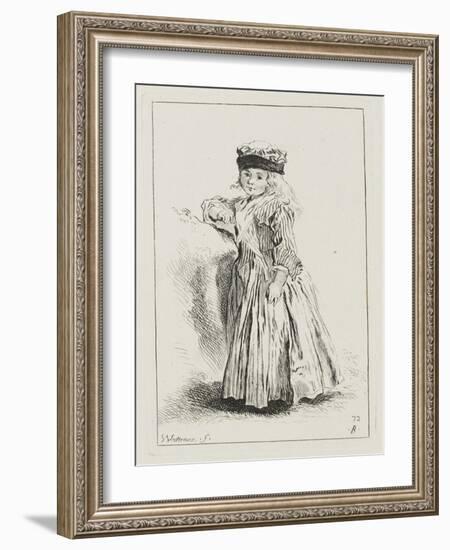 Petite fille en toquet, vêtue d'une robe rayée, debout-Jean Antoine Watteau-Framed Giclee Print