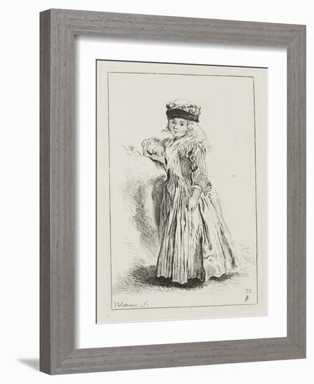 Petite fille en toquet, vêtue d'une robe rayée, debout-Jean Antoine Watteau-Framed Giclee Print