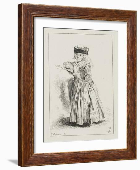 Petite fille en toquet, vêtue d'une robe rayée, debout-Jean Antoine Watteau-Framed Giclee Print