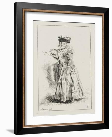 Petite fille en toquet, vêtue d'une robe rayée, debout-Jean Antoine Watteau-Framed Giclee Print