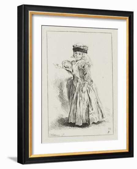 Petite fille en toquet, vêtue d'une robe rayée, debout-Jean Antoine Watteau-Framed Giclee Print