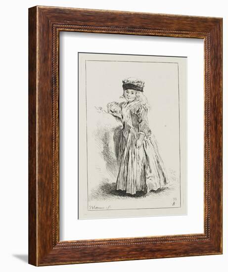 Petite fille en toquet, vêtue d'une robe rayée, debout-Jean Antoine Watteau-Framed Giclee Print