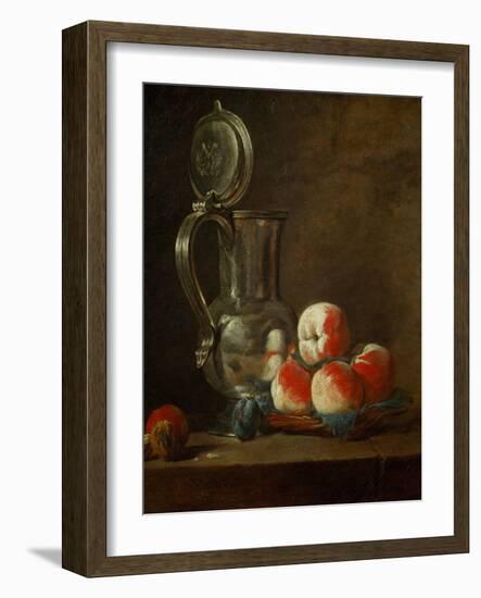 Pewter Pot with Plate of Peaches, Prunes and Nut, Around 1728-Jean-Baptiste Simeon Chardin-Framed Giclee Print