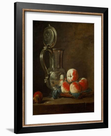 Pewter Pot with Plate of Peaches, Prunes and Nut, Around 1728-Jean-Baptiste Simeon Chardin-Framed Giclee Print