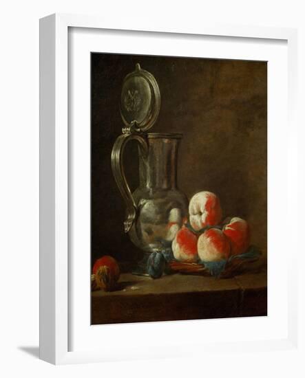 Pewter Pot with Plate of Peaches, Prunes and Nut, Around 1728-Jean-Baptiste Simeon Chardin-Framed Giclee Print