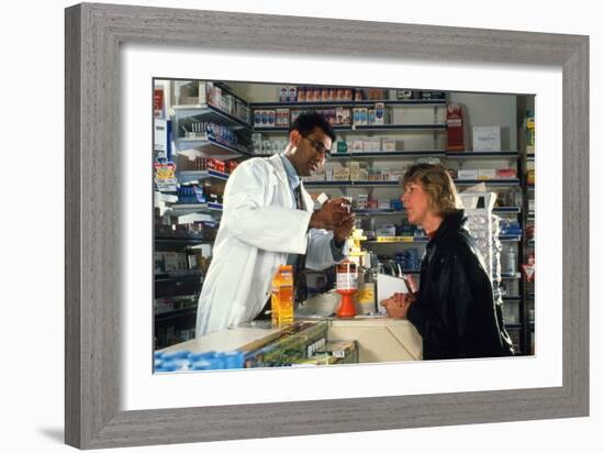 Pharmacist with Customer-Geoff Tompkinson-Framed Photographic Print