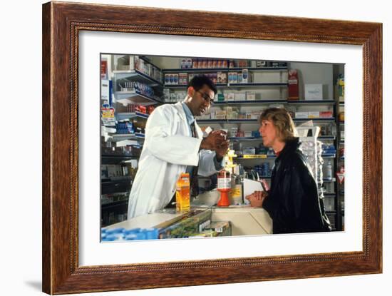 Pharmacist with Customer-Geoff Tompkinson-Framed Photographic Print