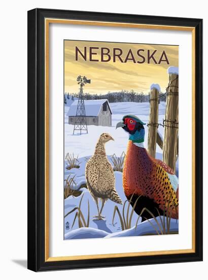 Pheasants - Nebraska-Lantern Press-Framed Art Print