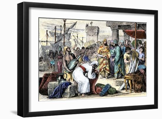 Phenician Vendors Trading Goods (Ivory Elephant Defenses, Animal Fur, Fabrics...) in the Mediterran-null-Framed Giclee Print