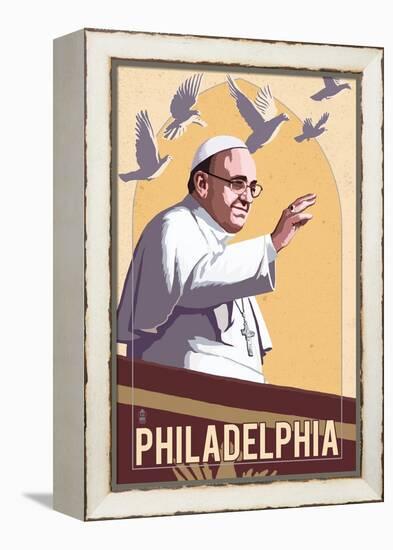 Philadelphia, Pennsylvania - Pope and Doves - Lithography Style-Lantern Press-Framed Stretched Canvas