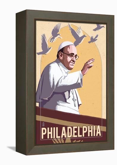 Philadelphia, Pennsylvania - Pope and Doves - Lithography Style-Lantern Press-Framed Stretched Canvas
