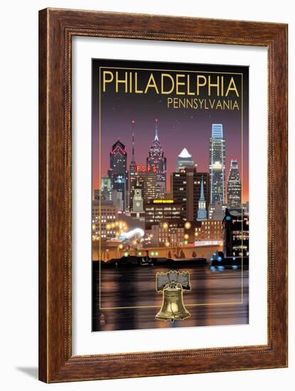 Philadelphia, Pennsylvania - Skyline at Night-Lantern Press-Framed Art Print