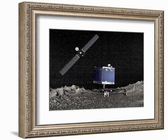 Philae Lander on Surface of a Comet with Rosetta Probe Above-null-Framed Art Print