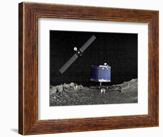 Philae Lander on Surface of a Comet with Rosetta Probe Above-null-Framed Art Print