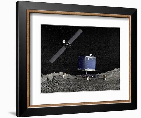 Philae Lander on Surface of a Comet with Rosetta Probe Above-null-Framed Art Print