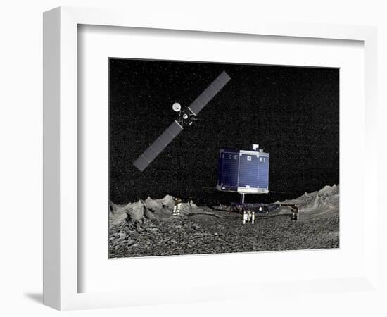 Philae Lander on Surface of a Comet with Rosetta Probe Above-null-Framed Art Print