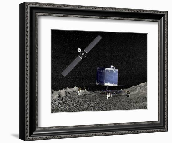 Philae Lander on Surface of a Comet with Rosetta Probe Above-null-Framed Art Print