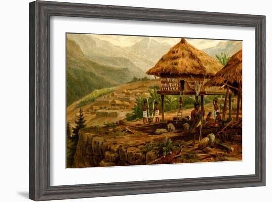 Philippine Village with Natives and Grass Guts on Stilts-F.W. Kuhnert-Framed Art Print