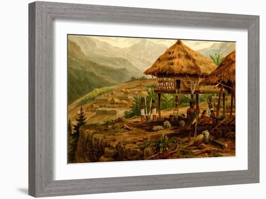 Philippine Village with Natives and Grass Guts on Stilts-F.W. Kuhnert-Framed Art Print