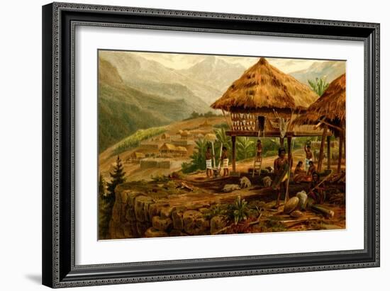 Philippine Village with Natives and Grass Guts on Stilts-F.W. Kuhnert-Framed Art Print