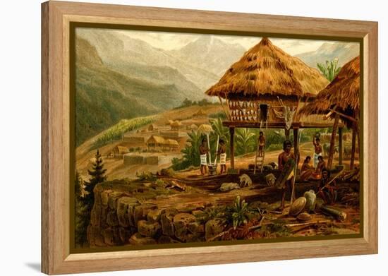 Philippine Village with Natives and Grass Guts on Stilts-F.W. Kuhnert-Framed Stretched Canvas