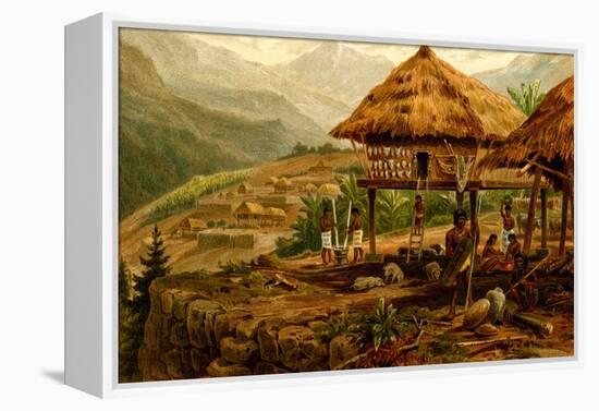 Philippine Village with Natives and Grass Guts on Stilts-F.W. Kuhnert-Framed Stretched Canvas