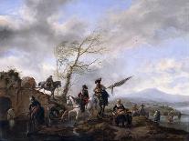 An Extensive River Landscape with Soldiers and a Standard Bearer Watering their Horses-Philips Wouwermans-Mounted Giclee Print