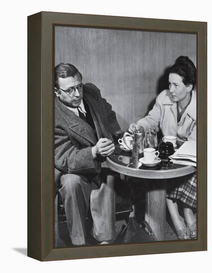 Philosopher Writer Jean Paul Sartre and Simone de Beauvoir Taking Tea Together-David Scherman-Framed Premier Image Canvas