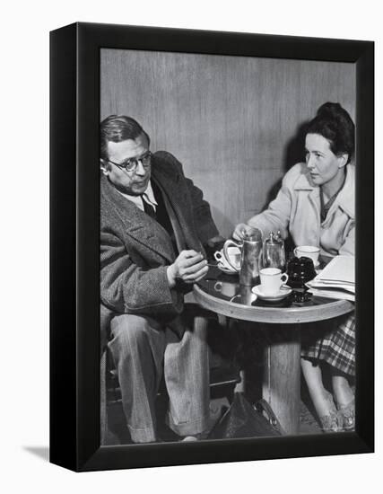 Philosopher Writer Jean Paul Sartre and Simone de Beauvoir Taking Tea Together-David Scherman-Framed Premier Image Canvas