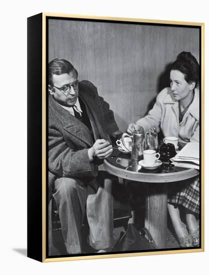 Philosopher Writer Jean Paul Sartre and Simone de Beauvoir Taking Tea Together-David Scherman-Framed Premier Image Canvas