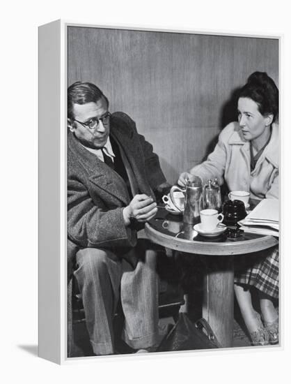 Philosopher Writer Jean Paul Sartre and Simone de Beauvoir Taking Tea Together-David Scherman-Framed Premier Image Canvas