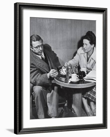 Philosopher Writer Jean Paul Sartre and Simone de Beauvoir Taking Tea Together-David Scherman-Framed Premium Photographic Print