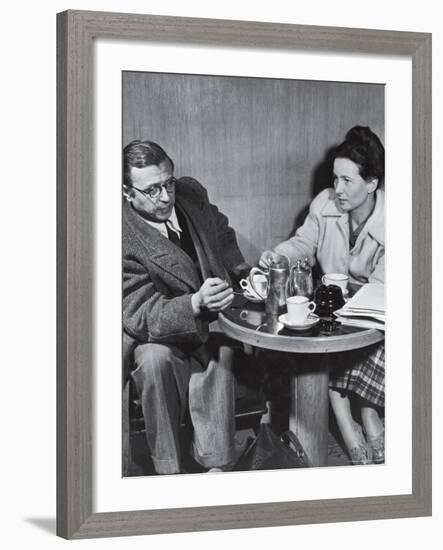 Philosopher Writer Jean Paul Sartre and Simone de Beauvoir Taking Tea Together-David Scherman-Framed Premium Photographic Print