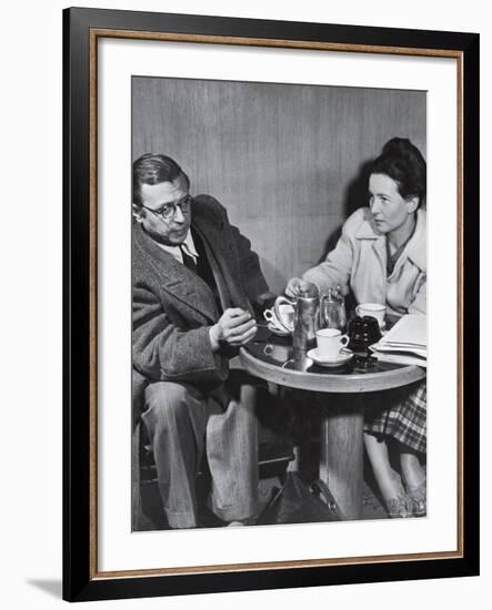 Philosopher Writer Jean Paul Sartre and Simone de Beauvoir Taking Tea Together-David Scherman-Framed Premium Photographic Print