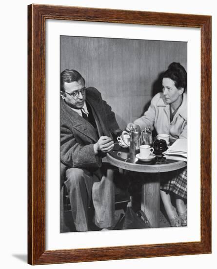 Philosopher Writer Jean Paul Sartre and Simone de Beauvoir Taking Tea Together-David Scherman-Framed Premium Photographic Print