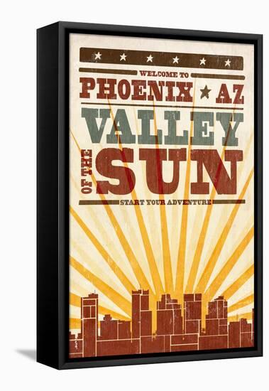 Phoenix, Arizona - Skyline and Sunburst Screenprint Style-Lantern Press-Framed Stretched Canvas