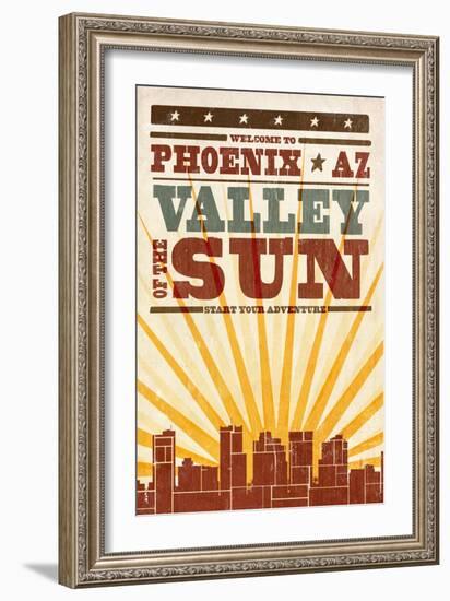 Phoenix, Arizona - Skyline and Sunburst Screenprint Style-Lantern Press-Framed Art Print