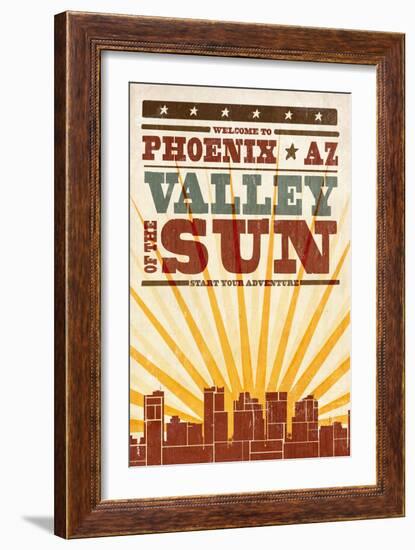 Phoenix, Arizona - Skyline and Sunburst Screenprint Style-Lantern Press-Framed Art Print