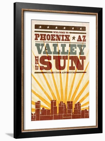 Phoenix, Arizona - Skyline and Sunburst Screenprint Style-Lantern Press-Framed Art Print