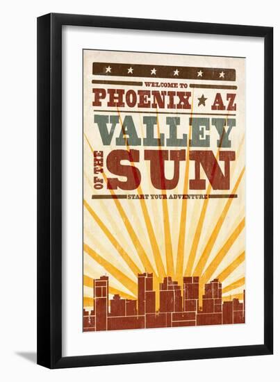 Phoenix, Arizona - Skyline and Sunburst Screenprint Style-Lantern Press-Framed Art Print