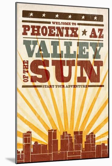 Phoenix, Arizona - Skyline and Sunburst Screenprint Style-Lantern Press-Mounted Art Print