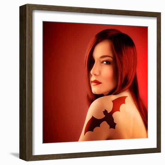 Photo of Beautiful Sexy Girl with Bat Tattoo on Shoulder Isolated on Red Background, Halloween Holi-Anna Omelchenko-Framed Photographic Print