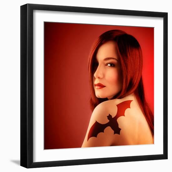 Photo of Beautiful Sexy Girl with Bat Tattoo on Shoulder Isolated on Red Background, Halloween Holi-Anna Omelchenko-Framed Photographic Print