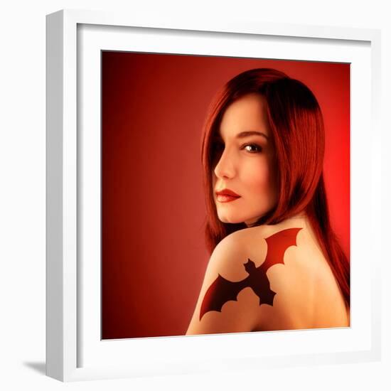 Photo of Beautiful Sexy Girl with Bat Tattoo on Shoulder Isolated on Red Background, Halloween Holi-Anna Omelchenko-Framed Photographic Print