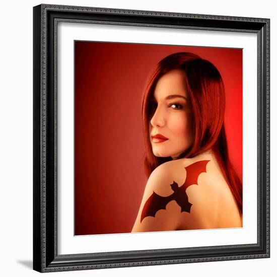 Photo of Beautiful Sexy Girl with Bat Tattoo on Shoulder Isolated on Red Background, Halloween Holi-Anna Omelchenko-Framed Photographic Print