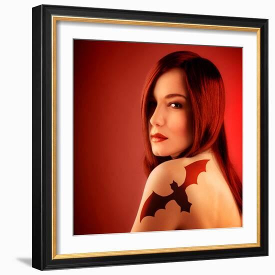 Photo of Beautiful Sexy Girl with Bat Tattoo on Shoulder Isolated on Red Background, Halloween Holi-Anna Omelchenko-Framed Photographic Print