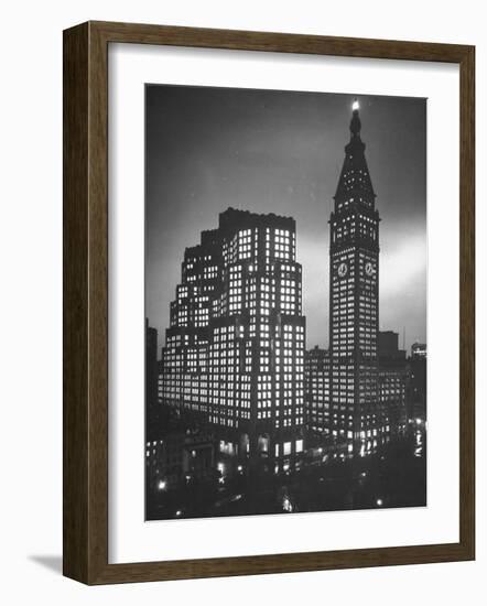 Photo Showing the Exterior of New Metropolitan Building at Night-null-Framed Photographic Print