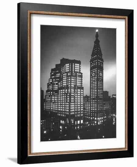 Photo Showing the Exterior of New Metropolitan Building at Night-null-Framed Photographic Print