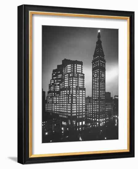 Photo Showing the Exterior of New Metropolitan Building at Night-null-Framed Photographic Print