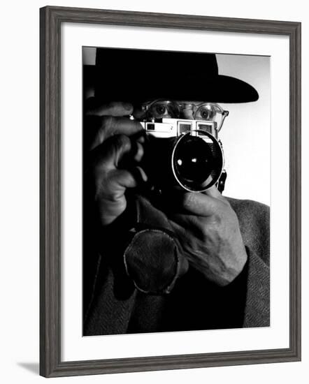 Photographer Henri Cartier-Bresson Wearing Hat and Holding Camera Up to His Face-Dmitri Kessel-Framed Premium Photographic Print